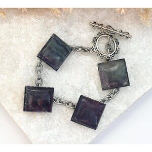 Faux Labradorite Vintage Square Vintage Costume Jewelry Bracelet - 8.25"